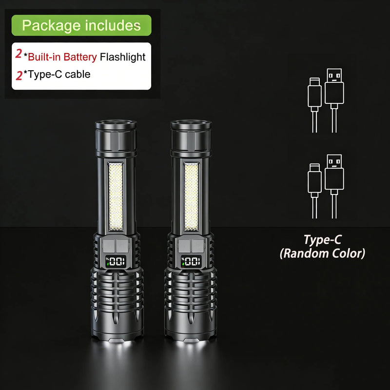 Latest High Power LED Flashlight with Zoom and Digital Display Lantern USB Rechargeable Flashlight for Camping and Hiking