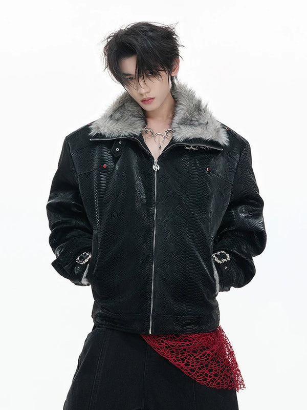 Nerazzurri Autumn Winter Thick Warm Faux Fur Patchwork Snakeskin Print Pu Leather Jacket Men Luxury Emo Menswear Clothing 2026
