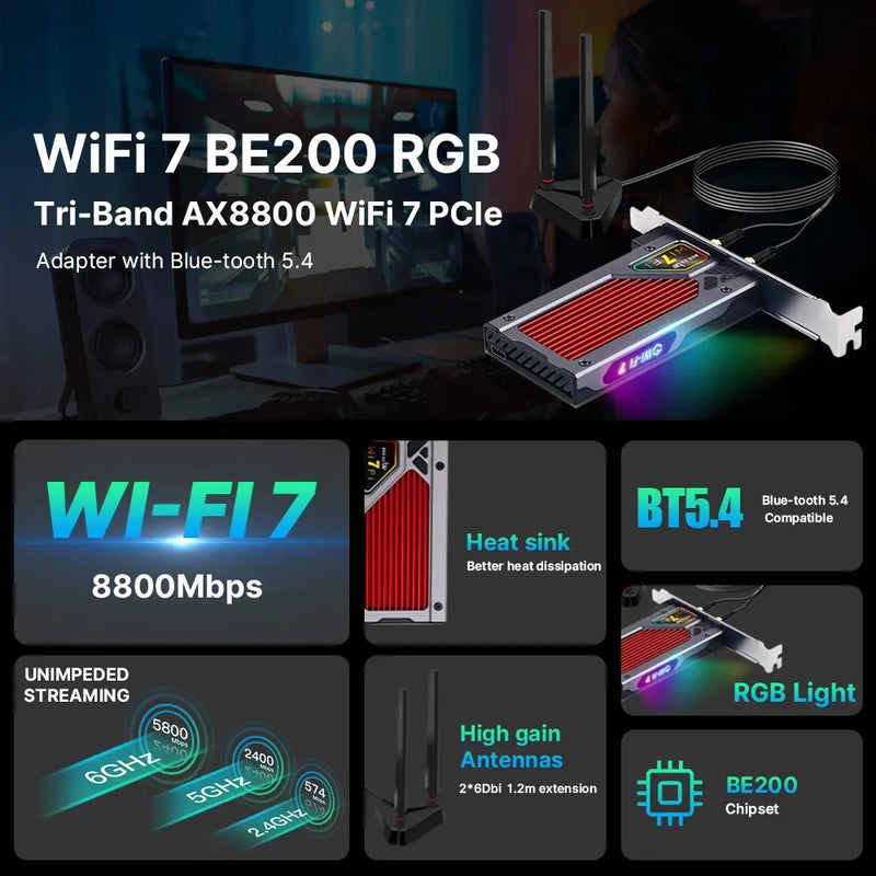 WIFI 7 BE200 BT5.4 FV - BE8800RGB PCIE Adapter WiFi7 802.11BE External Antenna 120CM Cable Wireless - Visuel 2 | SAMAG