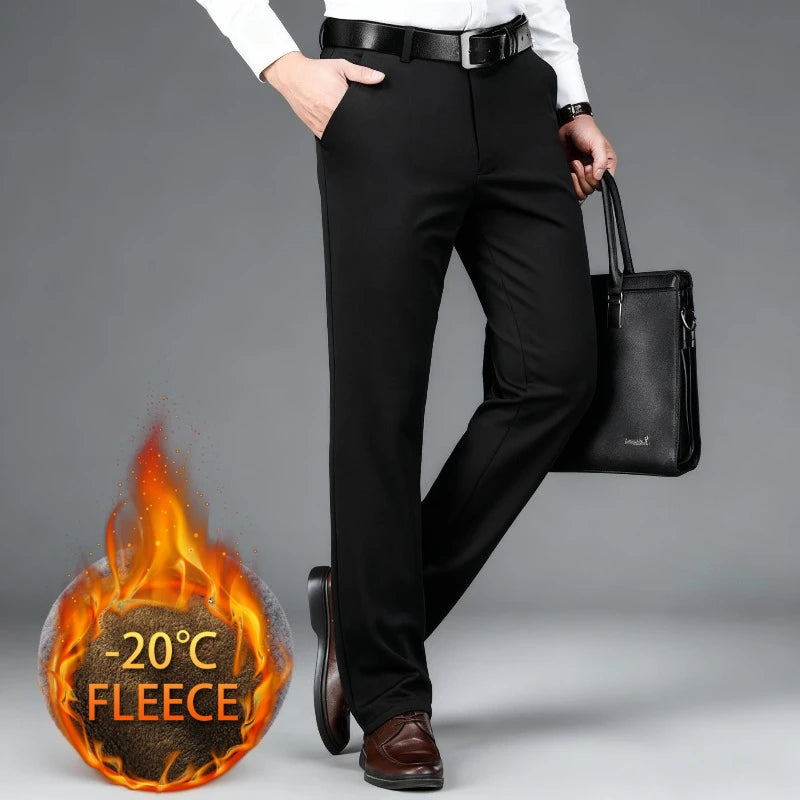 Winter Fleece Warm Business Formal Pants Men Classic Work Office Grey Elastic Waist Suit Thicked Thermal Trousers Plus