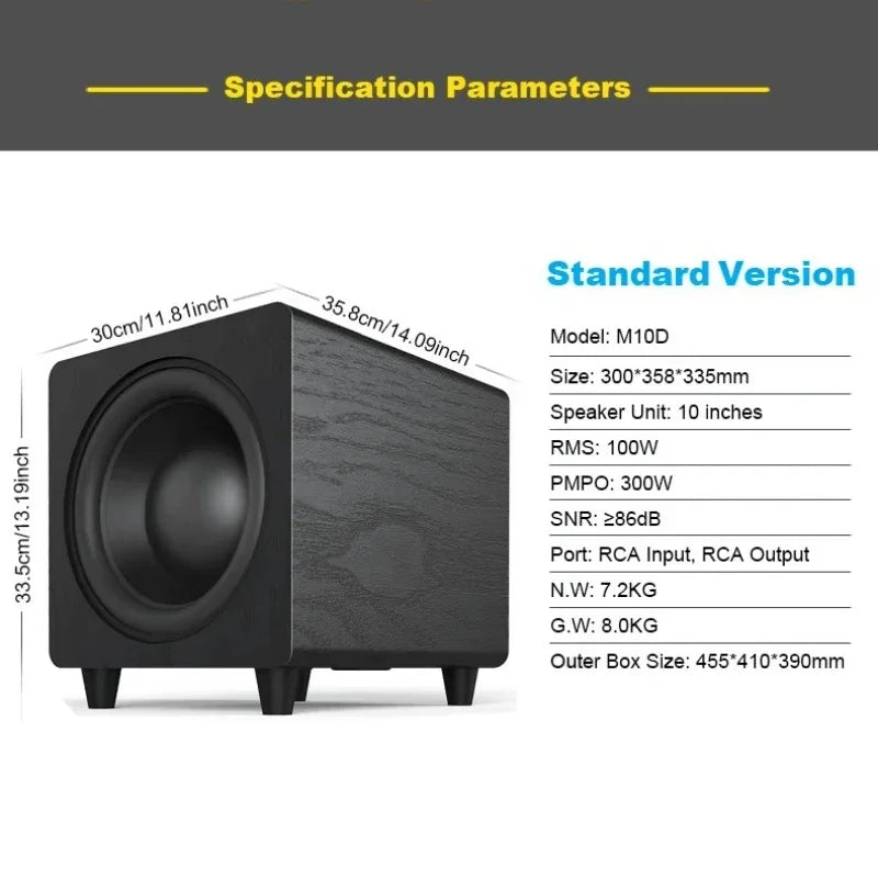 10 Inch Active Subwoofer Speaker Peak 300W Power HiFi Fever Wooden Subwoofer Home Theater Audio Sound Box For AMP/PC/TV/DVD/CD