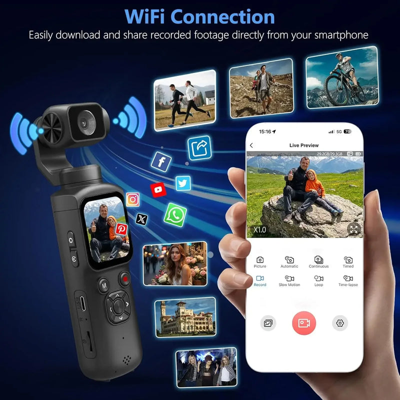 4K Action Camera With 330° Face Tracking Gimbal Stabilizer 1.72 Inch Touch Screen 64MP Pocket Digital Camera WiFi Sports Cam