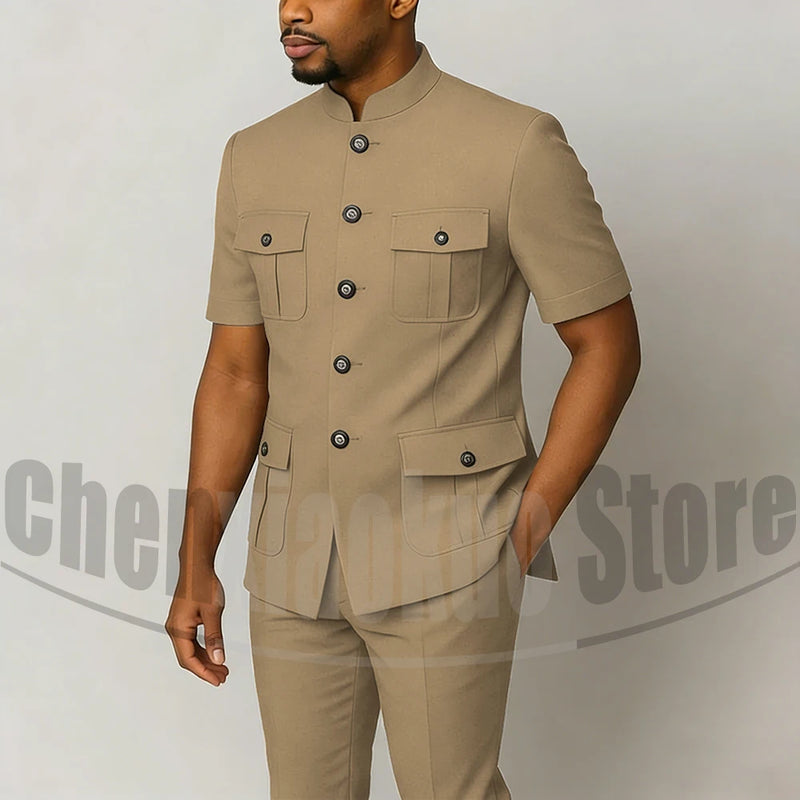 Men's Grey Mandarin Collar Suit Set Short Sleeves Multi-Pocket Jacket and Trousers Fashion Formal Smart Casual Wedding Suits