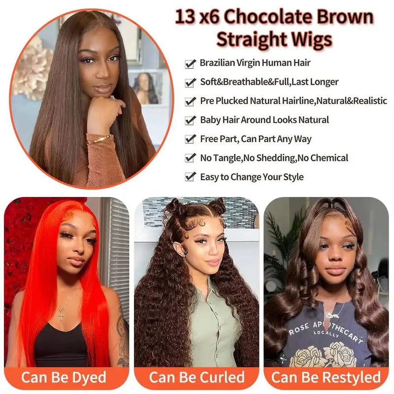 #4 Straight Chocolate Brown Wigs 200% Density 13x4 13x6 HD Transparent Lace Frontal Wigs Real Human Hair 46 Inch Remy Women Hair