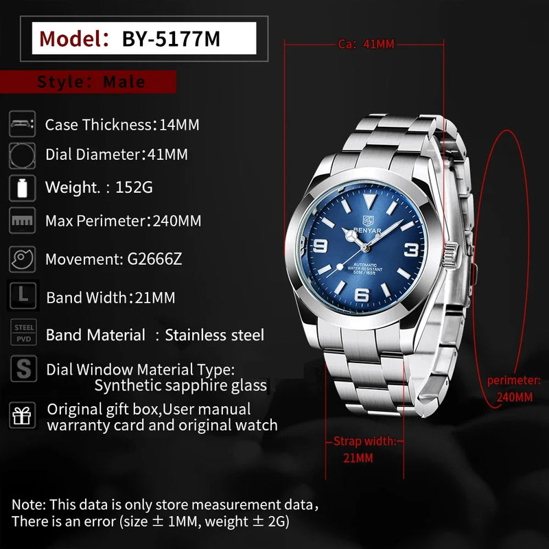 New BENYAR 41mm Men's Automatic Mechanical Watch Classic Blue Stainless Steel 50m Waterproof Luminous Male Business Wristwatch
