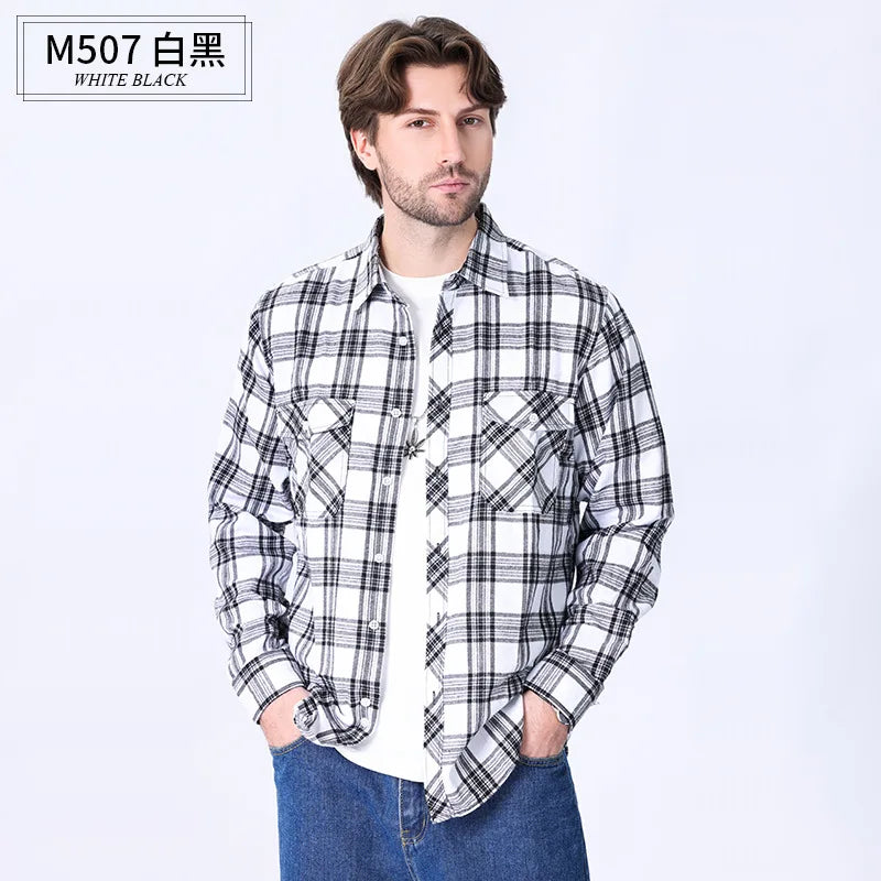 American size men's long-sleeved shirt autumn and winter flannel coat plaid casual non-ironing large size with pockets