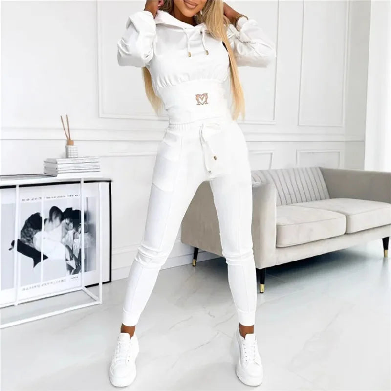 Women's 2 Piece Tracksuit Embroidered Letter Crop Hoodie Drawstring High Waist Pocket Jogger Pants Slim Casual Sports Outfit Set