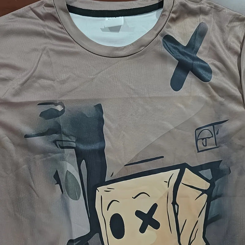 Summer fashion men's cartoon cardboard doll print breathable round neck T - shirt shorts set outdoor street - View 2 | SAMAG