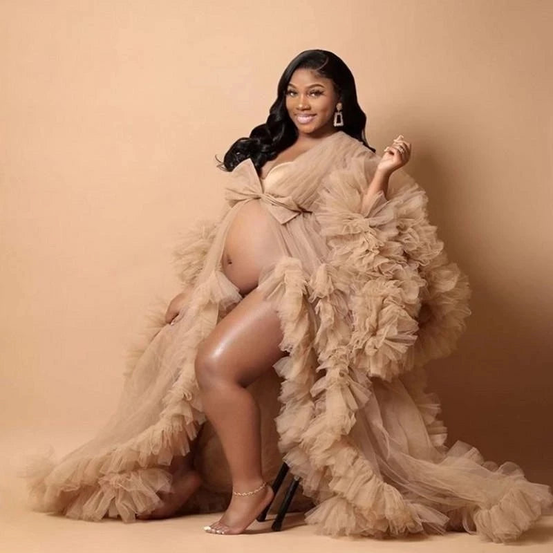 Luxury Maternity Dresses Puffy Tulle Long Women Robe Wedding Bridal Sleepwear Nightwear Front Split BabyShower Gown Photoshoot