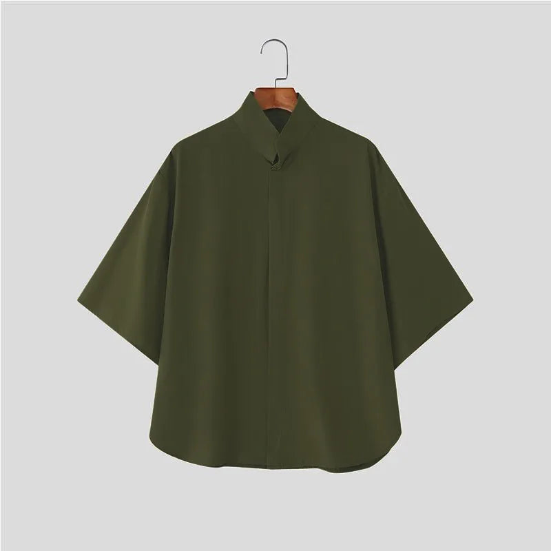 Japanese Style Men Stand Collar Half Sleeve Shirt Loose | SAMAG