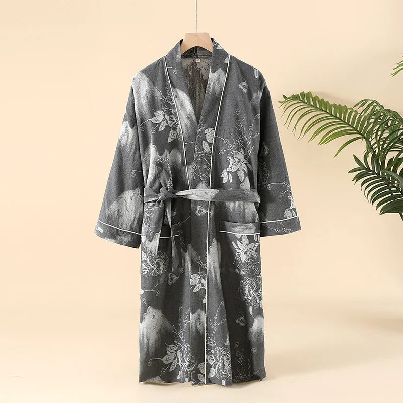 2026Couple's Printed Cotton Loose Fitting Bathrobe Japanese Style Tie Up Kimono Bathrobe Sweat Steaming Cotton Pajamas Robes Men