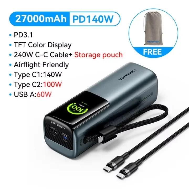 Vention 27000mAh Power Bank 200W PD Fast Charger for MacBook Laptop Portable Powerbank External Battery for iPhone 17 Samsung 26