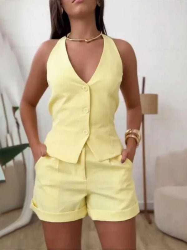 Two Piece Set Sleeveless Backless Blazer Shorts For Women's Summer Fashion V Neck Button Slimming Female Office Shorts Set 2025