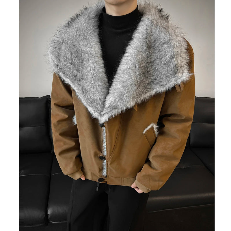Autumn Winter Stand Collar Lapel Cotton Leather Jacket Imitation Mink Fur Warm Jackets Streetwear Social Streetwear Men Clothing