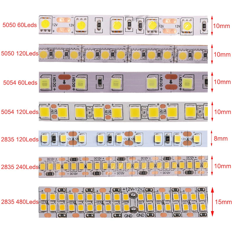 LED Strip Light 12V 24V 2835 5050 5054 5M RGB White Pink Red Blue Flexible LED Tape Ribblon 120LED 60LED 480LED Waterproof Decor
