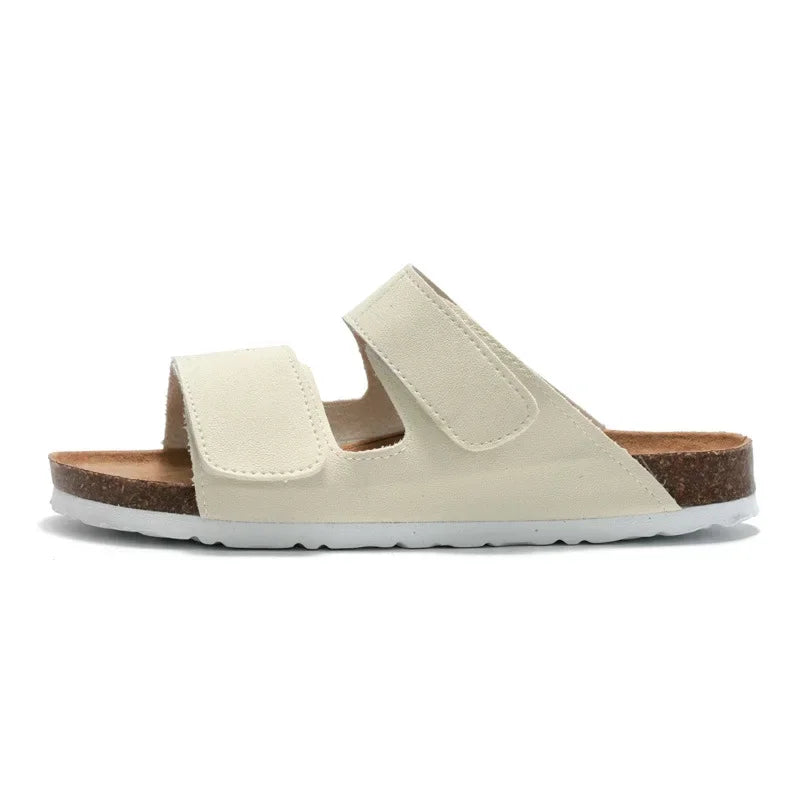 Classic Men Leather Cork Sandals Slippers Luxury Brand Design Buckle Strap Flat Sandals Slippers Shoes