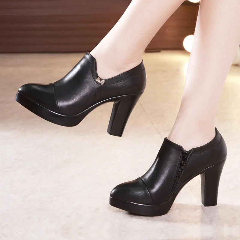 high quality leather shoe for women 5.5cm 8.5cm 11cm  high heel platform point toe 32 33 elegant office autumn winter shoe black