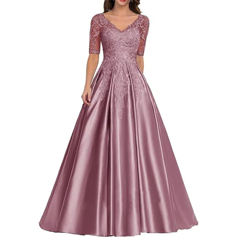 A Line Women Evening Dresses Satin Appliques V Neck Prom | SAMAG