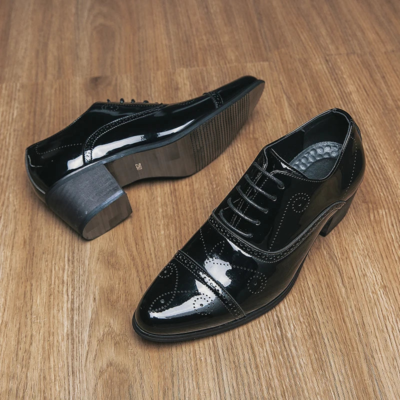 New Dress Leather Shoes Men High Heel 6cm Pointed Toe Brogue Wedding Shoes Height Increase Formal Career Work Jazz Dance Shoes