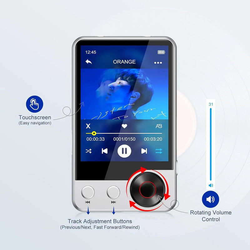 128GB MP3 Player with Boosted Bluetooth 5.3, Music Player Features HD Speaker, 2.4" Touchscreen, Expandable SD Card Slot, Dual
