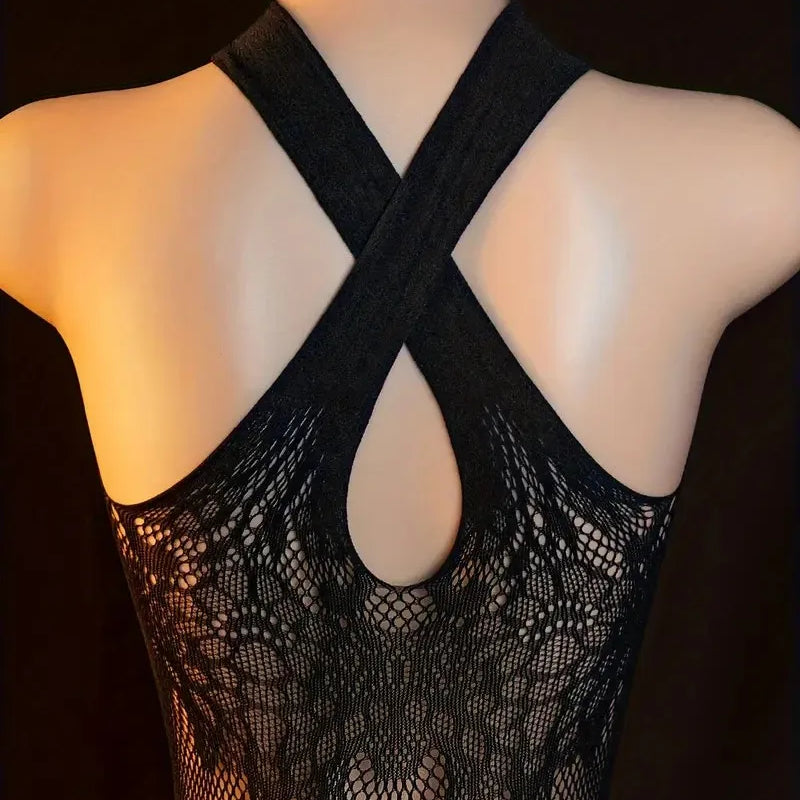 Sling Halter Neck Baby Dolls Underwear Fishnet Hollow Bodystockings Sexy Lingerie Women Cross Legged Crotchless Babydolls Dress
