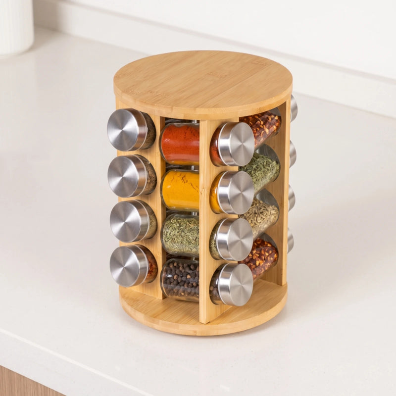 Bamboo Seasoning Rack with Glass Jars Countertop with Bottle Set Revolving Rotating for Cooks - View 5 | SAMAG