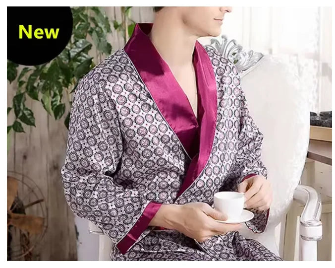 Plus Size 3XL 4XL 5XL Men Robe Sleepwear Navy Blue Stripe Kimono Bathrobe Gown with Pocket Summer Satin Home Clothes Lounge Wear