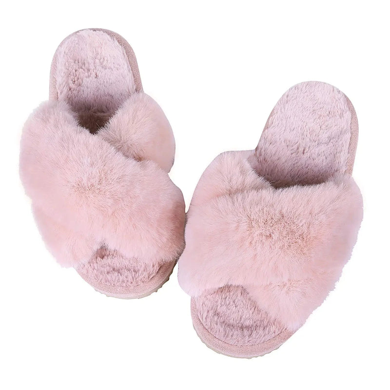 Shevalues Fashion Fluffy Home Slippers For Women Winter Indoor Open Toe Furry Cotton Shoes New Casual Furry Cozy Soft Slippers
