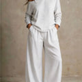 Women sexy one-Shoulder Strap Buckle casual two Piece Sets Autumn Solid Slant Neck Long Sleeve top  Wide Leg Pants Matching Sets