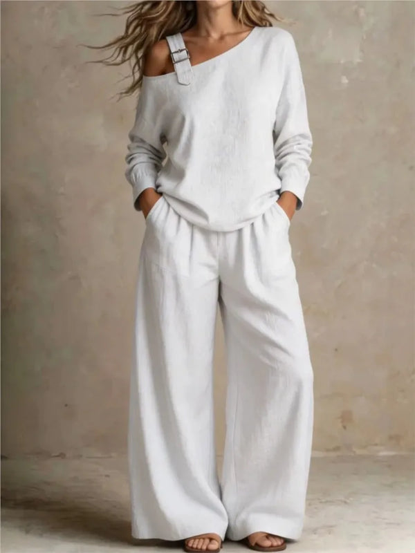Women sexy one-Shoulder Strap Buckle casual two Piece Sets Autumn Solid Slant Neck Long Sleeve top  Wide Leg Pants Matching Sets