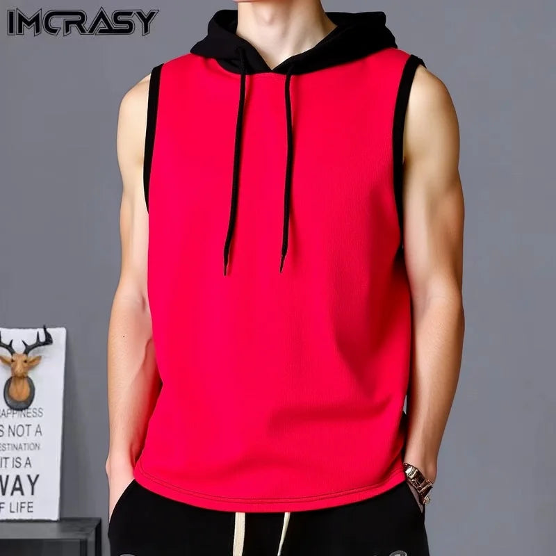 2025 Summer Men's Coat Sleeveless Vest Casual Hoodie Fitness Muscle Hooded Vest T-shirt Polyester Breathable Hip-hop Pullover ﻿