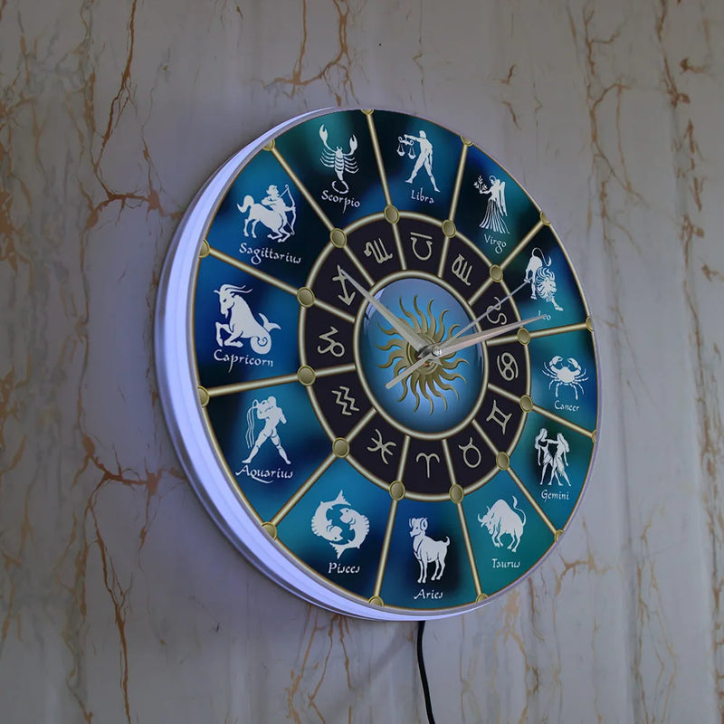Signs Of Zodiac Wall Clock With LED Backlight Horoscope Constellation Astrology Symbol Home Decor Wall Watch For Living Room