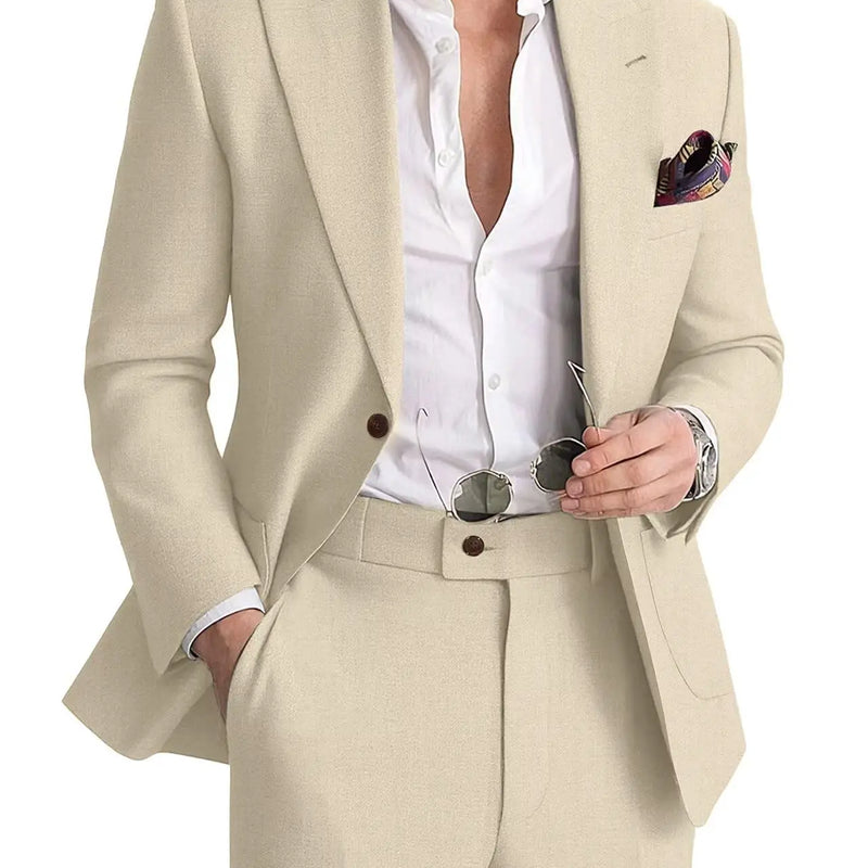 Mens Linen Suit 2 Piece Casual Suits for Men Summer Beach Groom Wedding Suit Linen Blazer Pants Set