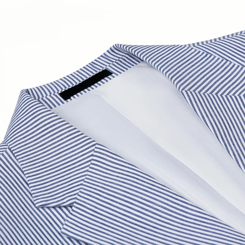 Men's Seersucker Striped Suits 2 Piece Slim Fit Summer Casual Pinstripe Suit for Men Wedding Grooms Blazer Jacket Pants Sets