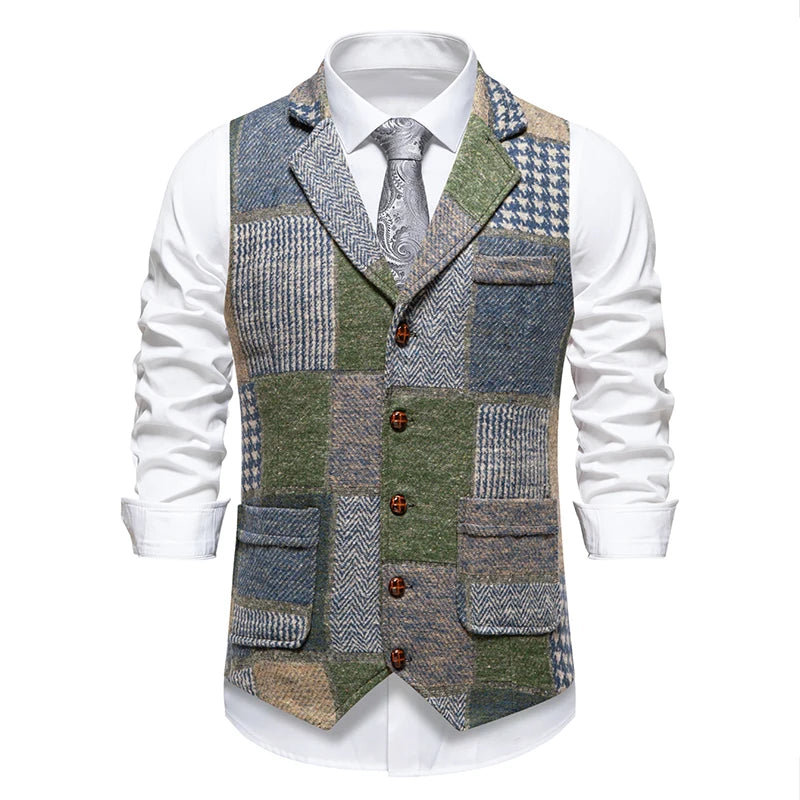 Green Men Vest Tweed Plaid Waistcoat Slim Fit Lapel Plaid Suit Vest Herringbone vintage Vest For Wedding Groomsmen vest heren