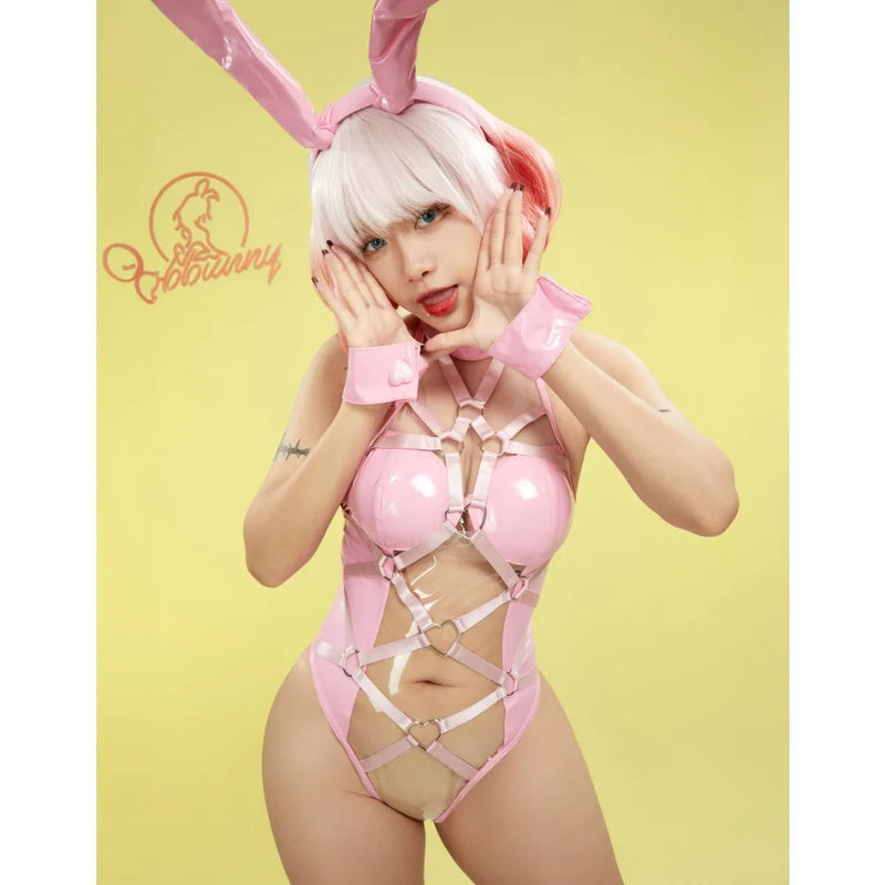 Mobbunny Women  Bunny Girl Cosplay Lingerie Set Pink Transparent Bandage Heart Buckle Bodysuit with Hand Ring Headband