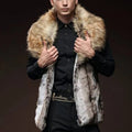Men's Faux Fur Vest Slim Fit Lapel Big Fur Collar Short Waistcoat Men Jacket  Brown Leather Jacket Winter Warm Coat