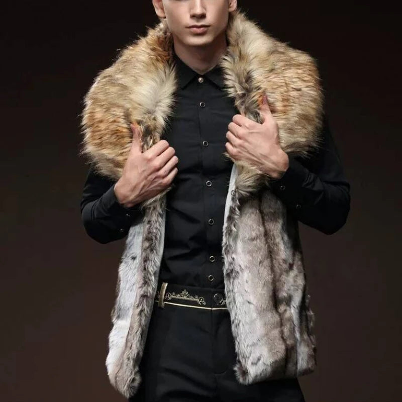Men's Faux Fur Vest Slim Fit Lapel Big Fur Collar Short Waistcoat Men Jacket  Brown Leather Jacket Winter Warm Coat