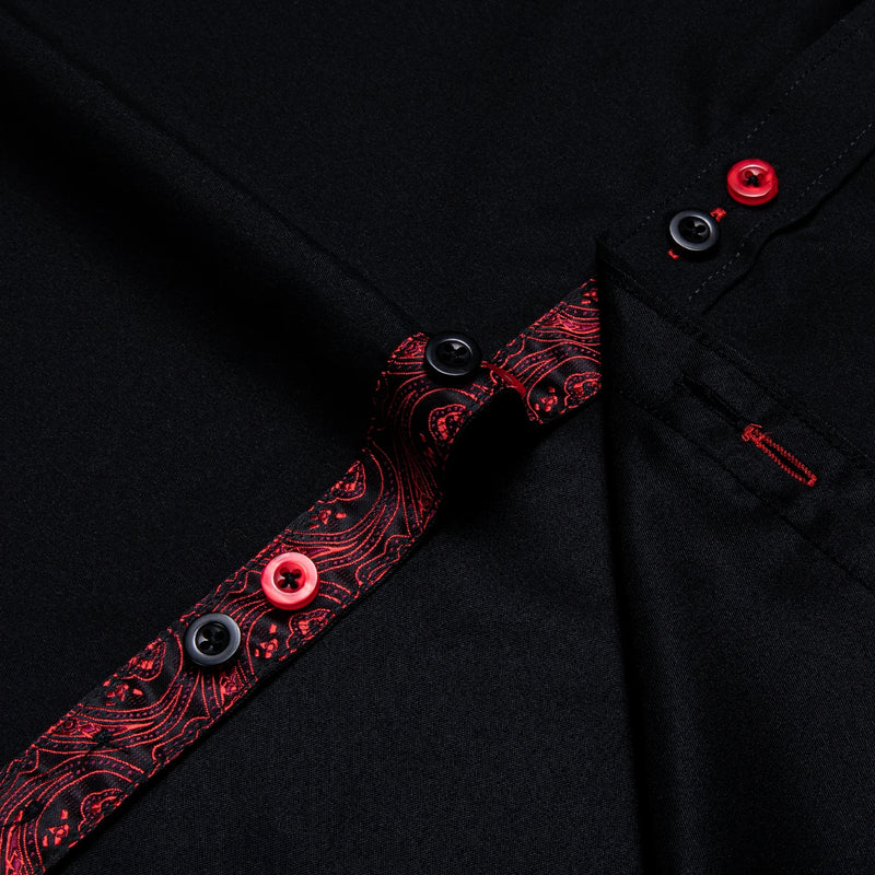 DiBanGu Men Shirt Long Sleeve Black Solid Red Paisley | SAMAG