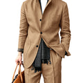 Men's Linen Blend 2 Piece Suit Set Stand Collar Three Button Breathable Casual Blazer Pants For Business Daily Wear Summer