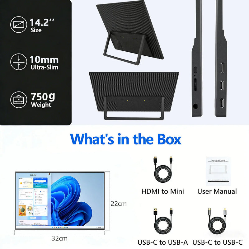 14.2 Inch 2.5K Portable Touch Monitor, 100% SRGB QHD IPS, USB-C Mini HDMI External Second Screen for Laptop PC Switch PS4 PS5
