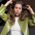 Elegant Pu Leather Jacket Skirt Suit Women Solid Full Sleeve Lapel Single Breasted Jackets Long Split Skirts Fashion Autumn Set