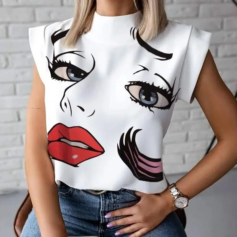 Women's Abstract Face Print Sleeveless Stand Collar - View 5 | SAMAG