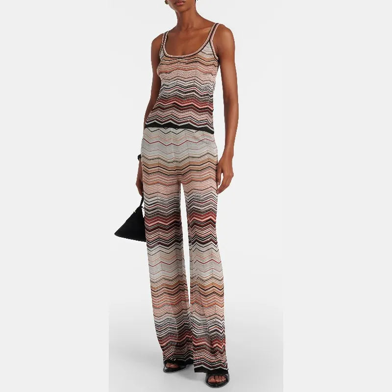 Bohemian Striped Knitted Pants Set for Women 2026 Summer New Color-Block Camisole Short Top+Slim Fit Straight Pants 2-Piece Set
