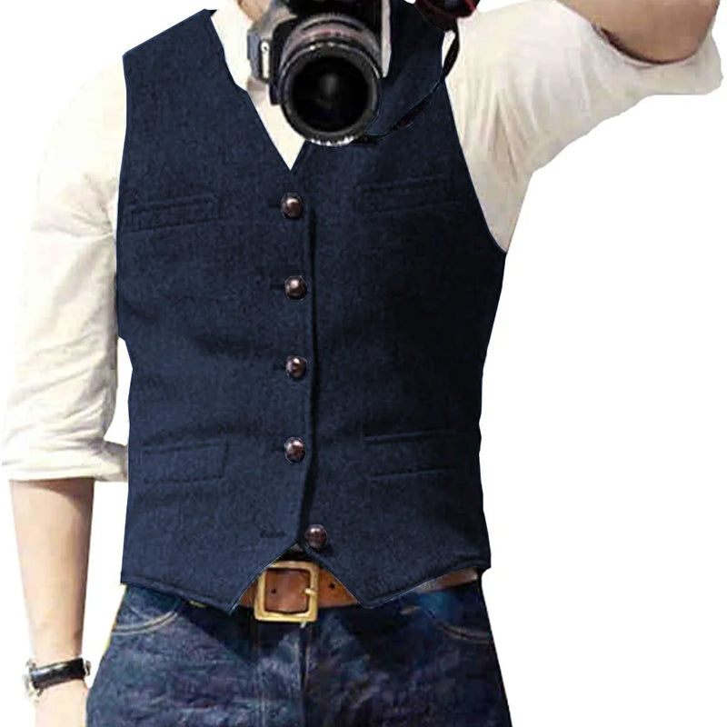 V Neck Men's Suits Vest Casual Classic Formal Business Herringbone Tweed Slim Fit Waistcoat For Wedding Groomsmen