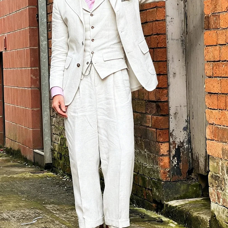 Beige Linen  Men Suits 3 Pieces Men Suits Lightweight Blazer Vest Pants Set Casual Summer Wedding Outfit