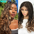 99J# Knotless Box Braided Wigs with Wavy Ends Synthetic Full Lace Braided Lace Wig with Baby Hair Lace Frontal Boho Braids Wig