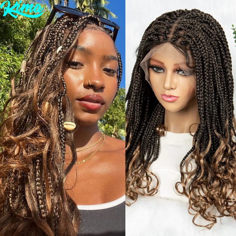 99J# Knotless Box Braided Wigs with Wavy Ends Synthetic Full Lace Braided Lace Wig with Baby Hair Lace Frontal Boho Braids Wig