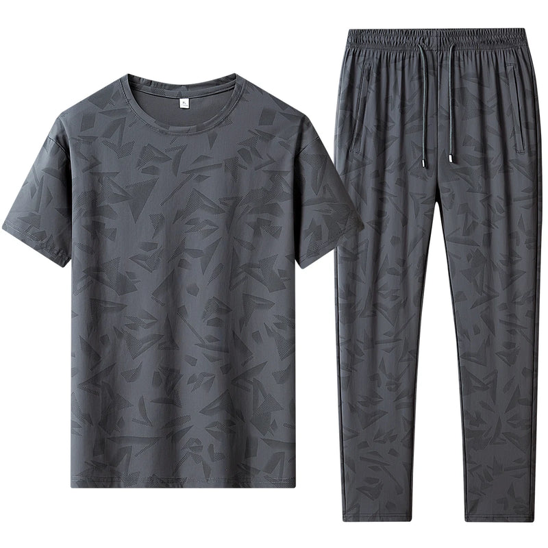 Men 2 Piece Quick Dry Tracksuit Round Neck Short Sleeve Tee Drawstring Straight Pants Camo Print Set - View 9 | SAMAG