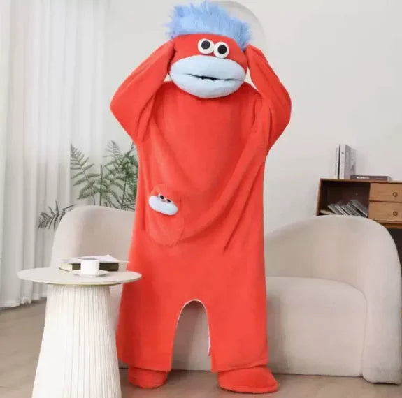Autumn Winter Big Mouth Monster Cartoon One Piece Pajamas Thick Coral Fleece Warm Soft Casual Couple Home Loungewear In Stock